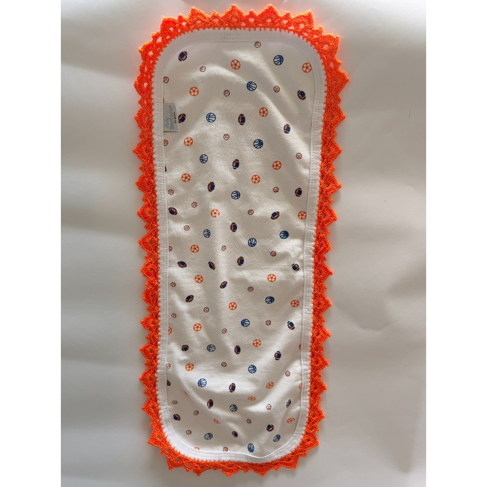 Sports Baby Burp Cloth Handmade Orange Crochet Trim | Contoured Navy & Orange